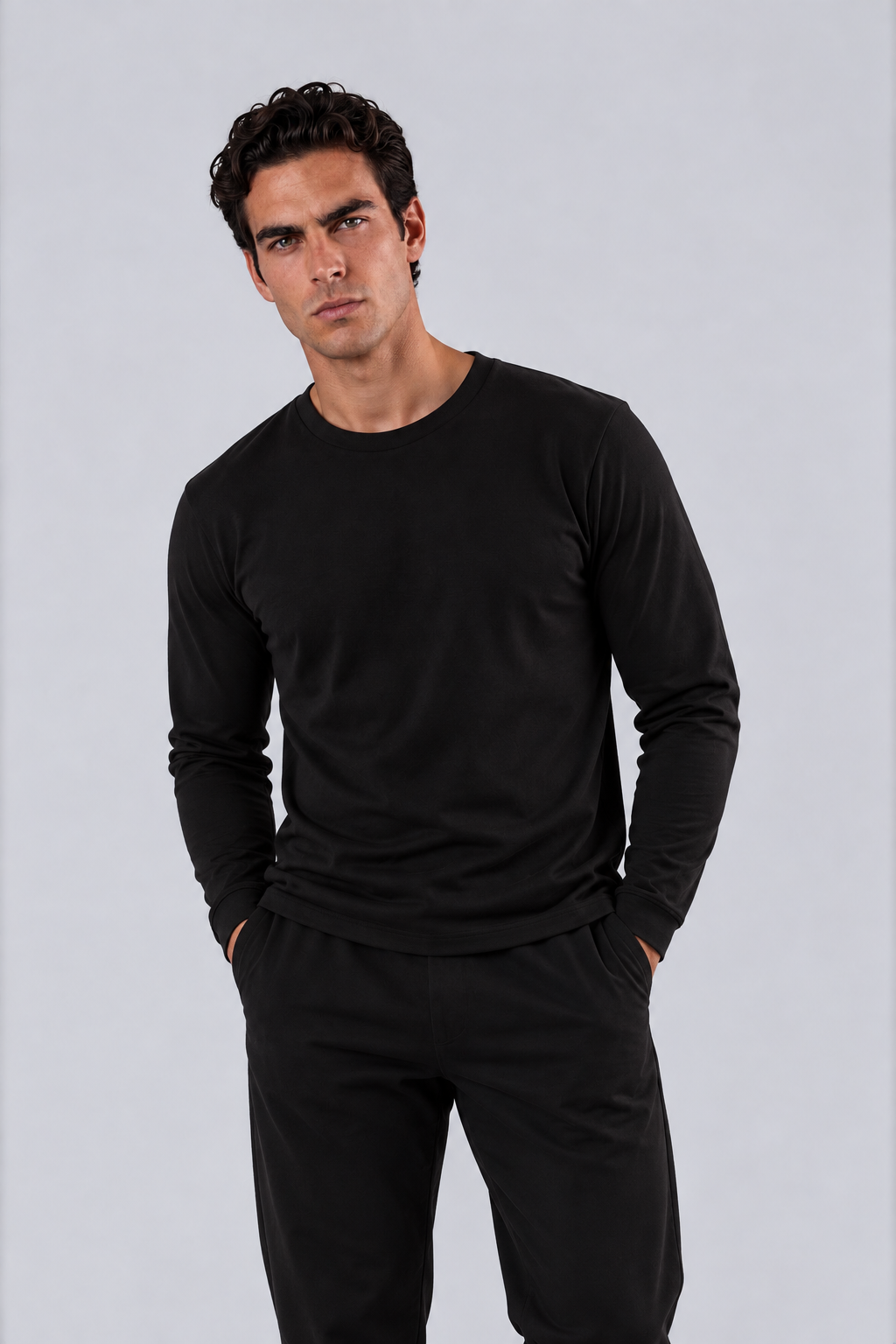 MERCERIZED COTTON LONG SLEEVE T-SHIRT - BLACK