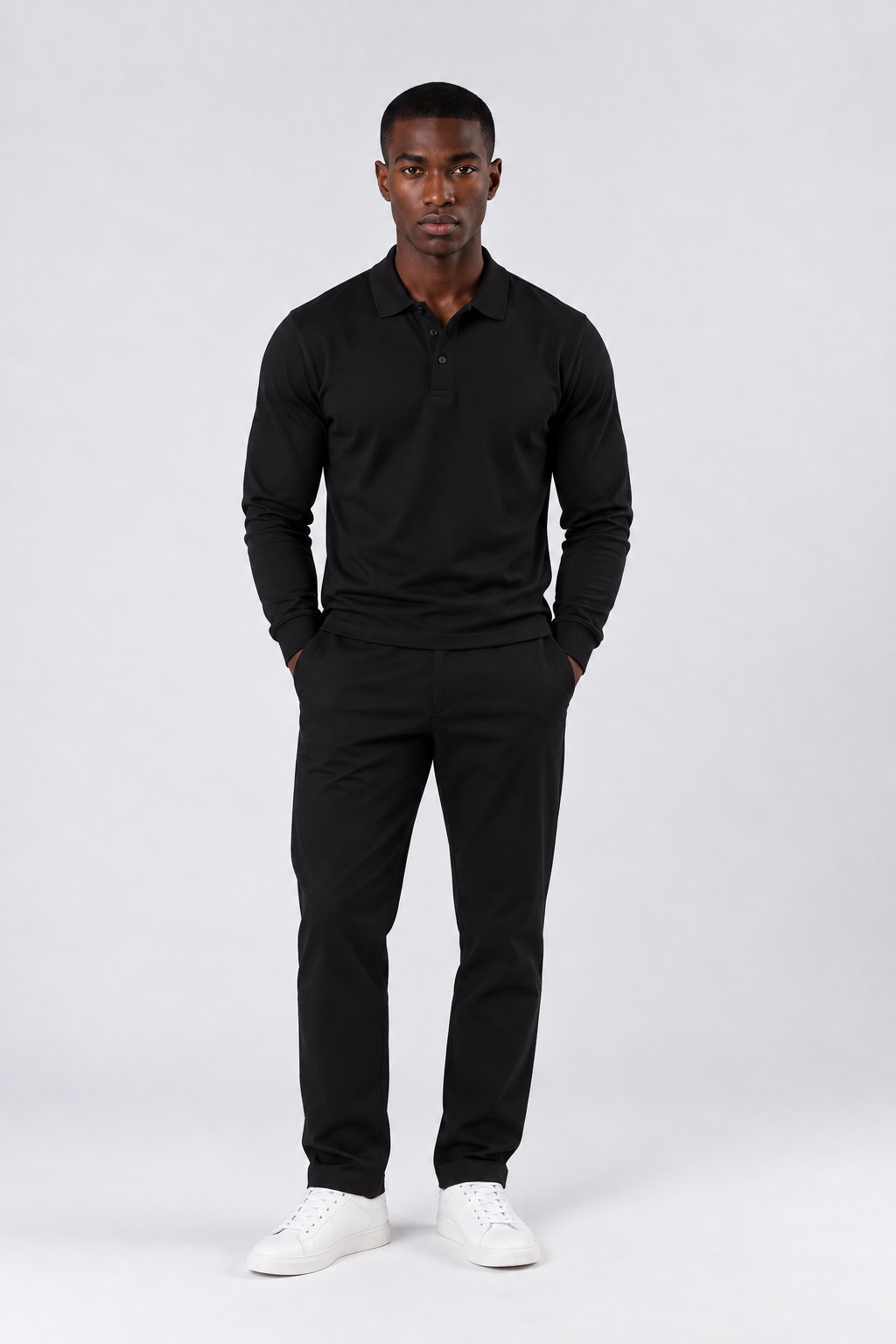 MERCERIZED COTTON LONG SLEEVE POLO - BLACK