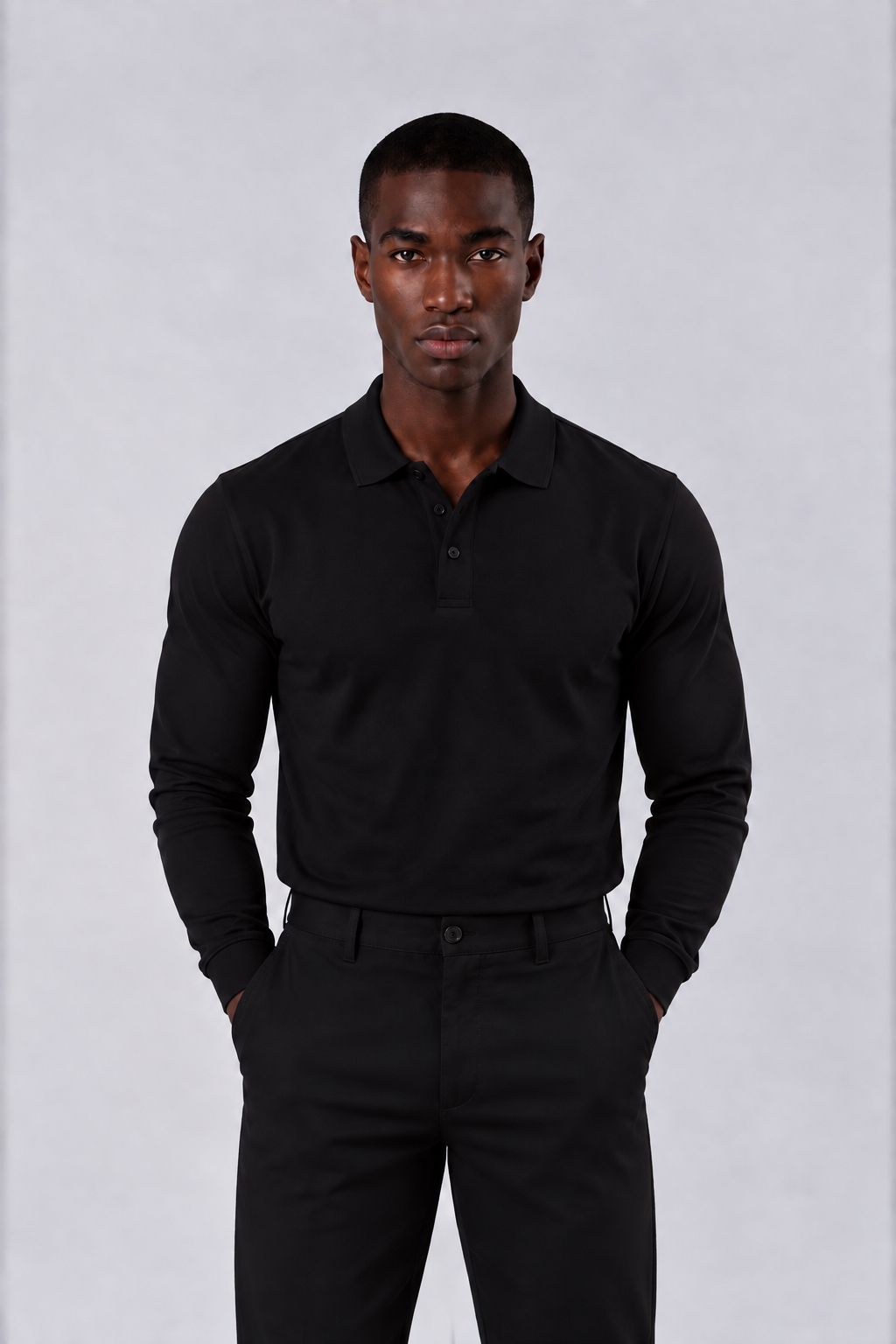 MERCERIZED COTTON LONG SLEEVE POLO - BLACK